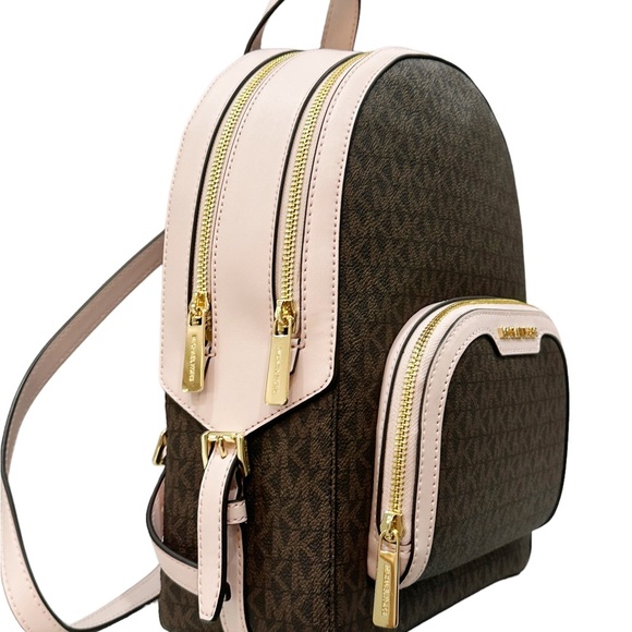 Michael Kors Medium Zip Pocket Backpack Brown MK Powder Blush Pink - Picture 5 of 7